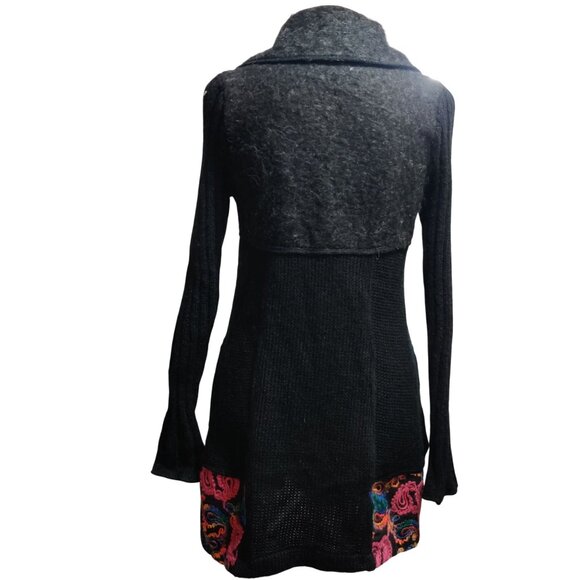 Liquid by Stone S Black Boho Knit Cardigan Jacket Colorful Embroidered Sweater - Picture 5 of 12